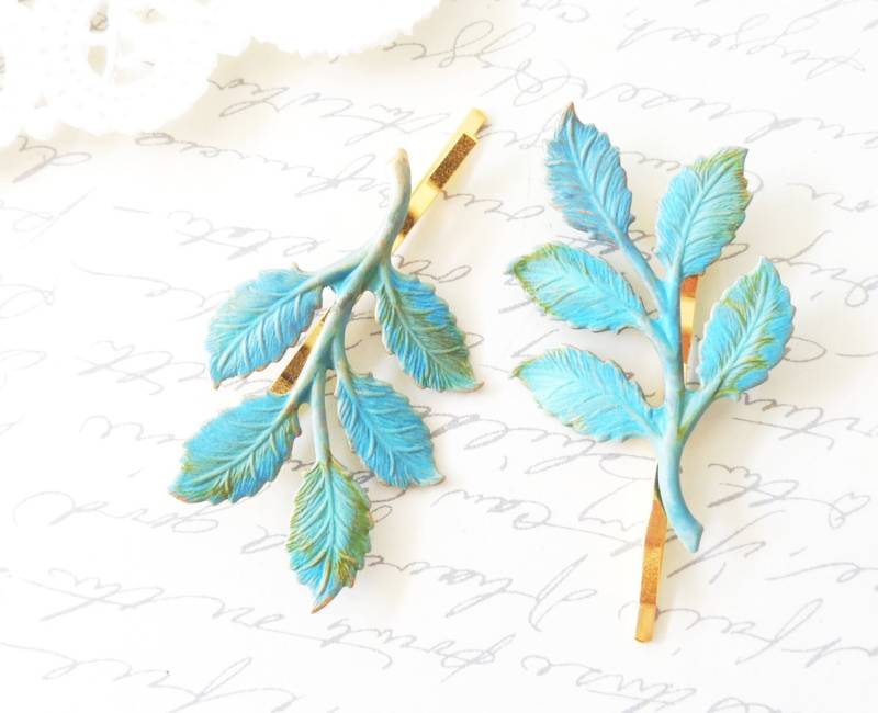Verdigris Blatt Zweig Bobby Pin Set - Ast Haarnadeln Holzzweig Hochzeit Braut Haar Minty von NestingPretty