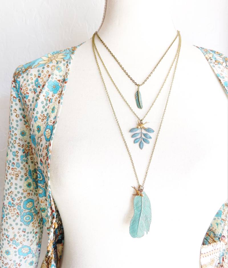 Verdigris Feder Halskette - Grüne Patina Wald Boho Layering Kleine von NestingPretty