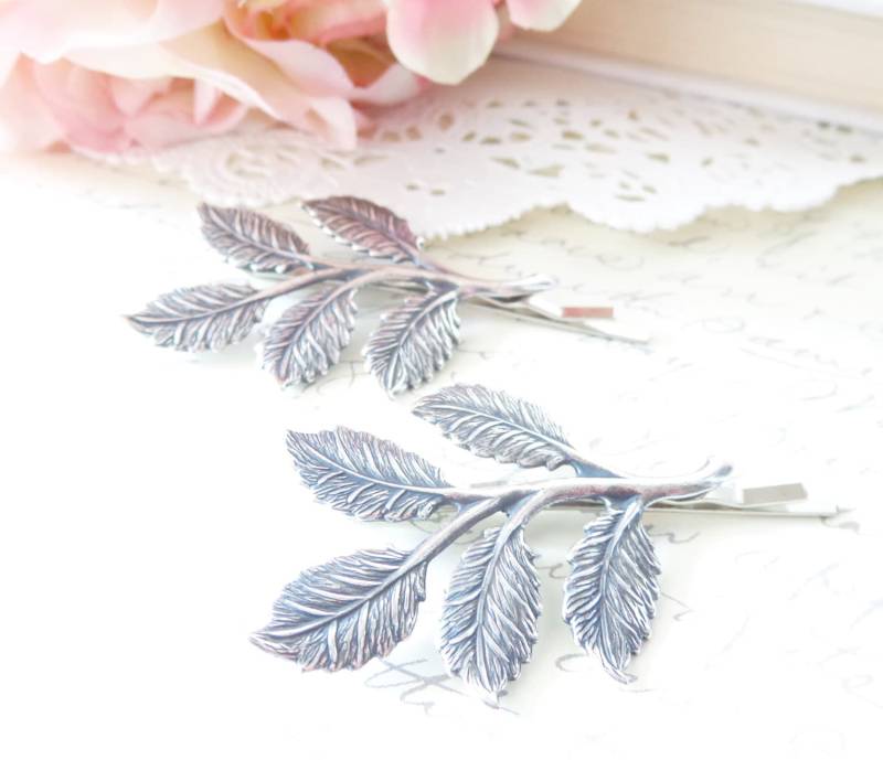 Versilbertes Blatt Ast Bobby Pin Set - Haarnadeln Aus Waldblatt Braut von NestingPretty