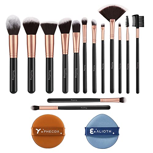 Nestling Make-up-Pinsel-Set mit 2 Puderquasten, hochwertige synthetische Kabuki-Pinsel für Foundation, Gesicht, Puder, Rouge, Lidschatten, tierversuchsfrei, 14-teilig von Nestling