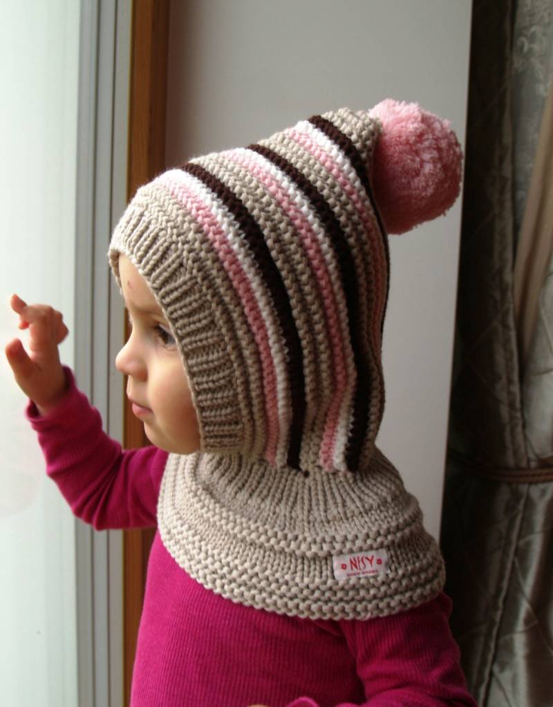 Beige Merino Pixie Balaclava Baby/Kleinkind/Mädchen Hoodie Mütze Mit Pom in Beige, Rosa, Braun Und Weiß Gestreift. Größe 6-12M/1-3-6-10 Jahre von NesyBaby