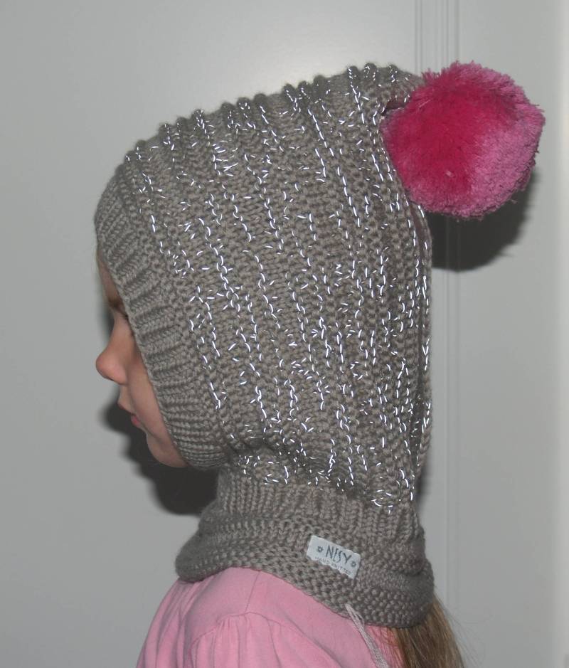 Grau Reflektierende Merino Pixie Balaclava Baby/ Kleinkind Mädchen Kapuzenmütze Mit Baumwollfutter Und Pink Pom Pom. Größen 6-12M, 1-3-6-10 Jahre von NesyBaby