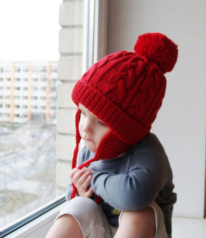 Handgestrickte Bommelmütze Aus Merinowolle Für Kinder Und Erwachsene. Rote Ohne Ohrenklappen. Größen 6-12 M/1-2-4-6-10, Erwachsene von NesyBaby