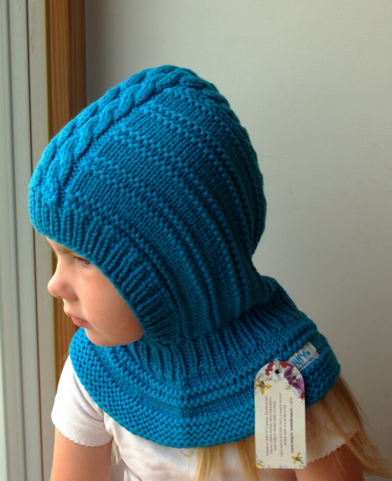 Merino Balaclava, Baby/Kleinkind/Kinder Hoodie Mütze & Halswärmer in Türkis. Größen 6-12M/1-3-6-10 Jahre von NesyBaby