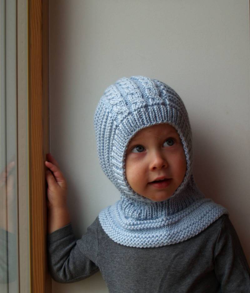 Merino Balaclava, Baby/Kleinkind/Kinder Kapuzenpullover & Halswärmer in Air Blue. Größen 6-12M/1-3-6-10 Jahre von NesyBaby