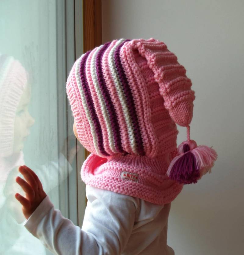 Merino Balaclava Wintermütze, Baby/ Kleinkind/ Kinder Kapuzenmütze Mit Pom Tail, Rosa Mütze. Größe 6-12M/1-3-6-10 Jahre von NesyBaby