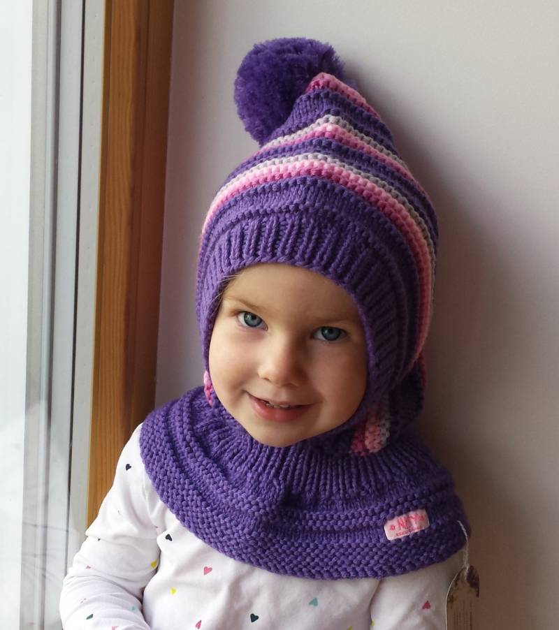 Merino Pixie Balaclava Baby/ Kleinkind/ Mädchen Kapuzenpullover Mit Pom Pom, Lila Mütze Halswärmer. Größe 6-12M/1-3-6-10 Jahre von NesyBaby