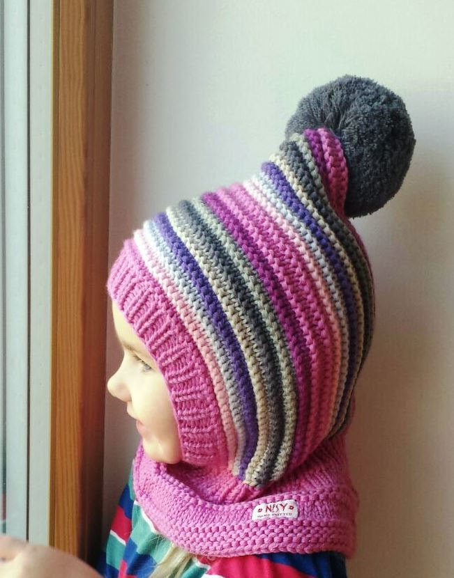 Merino Pixie Balaclava Baby/ Kleinkind/ Mädchen Kapuzenpullover Mit Pom Pom, Pink & Grau. Größen 6-12/1-3-6-10 Jahre von NesyBaby