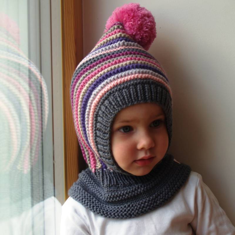 Merino Pixie Balaclava Baby/Kleinkind/Mädchen Kapuzenpullover Mit Pom Pom, Grau Pink Halswärmer. Größe 6-12M/1-3-6-10 Jahre von NesyBaby