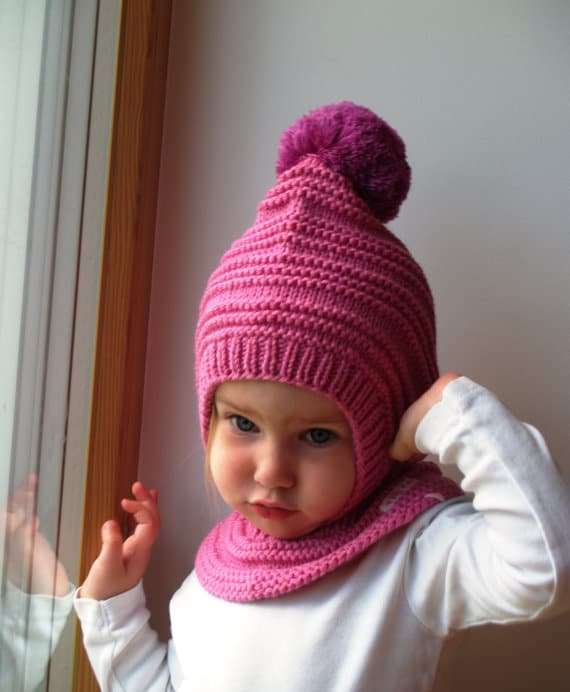 Merino Pixie Balaclava Baby Mädchen Kapuzenjacke Mit Bommel, Pink Halswärmer. Größe 6-12M/1-3-6-10Jahre von NesyBaby