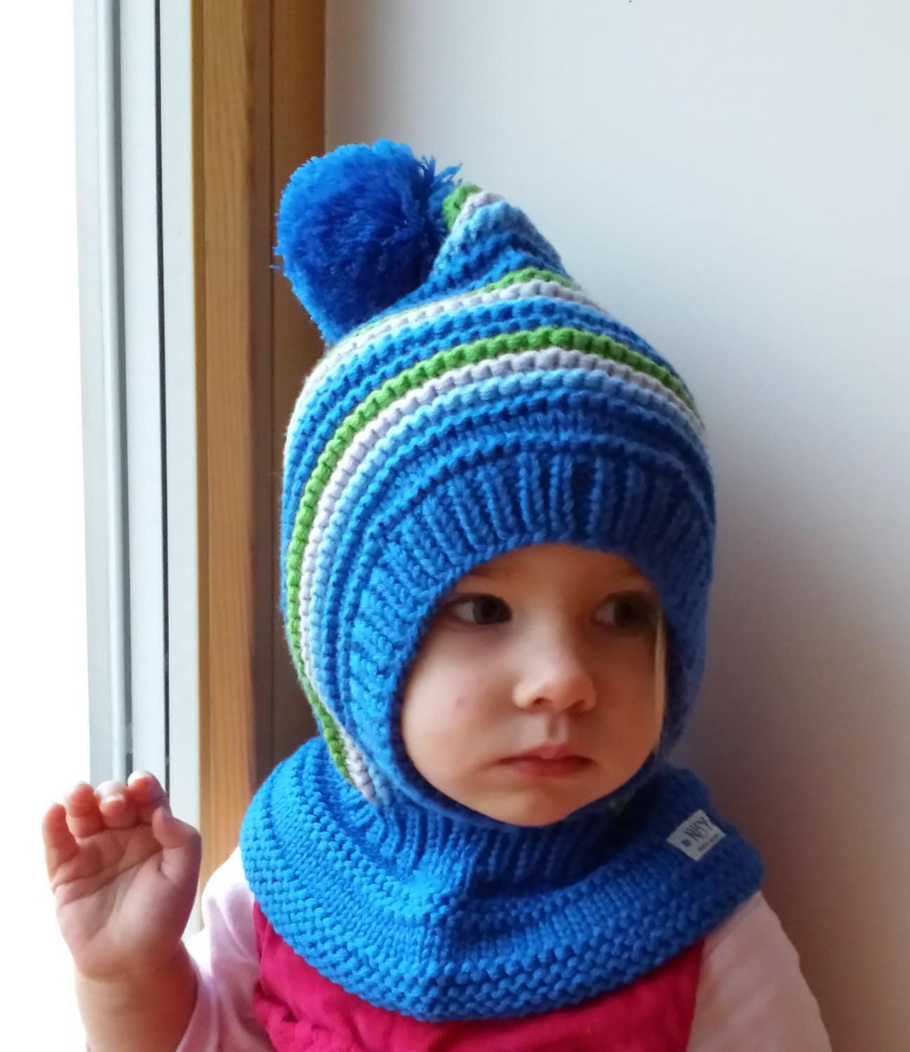 Merino Pixie Balaclava Wintermütze, Baby/ Kleinkind/ Kid Hoodie Mütze Mit Pompom, Royal Blue von NesyBaby