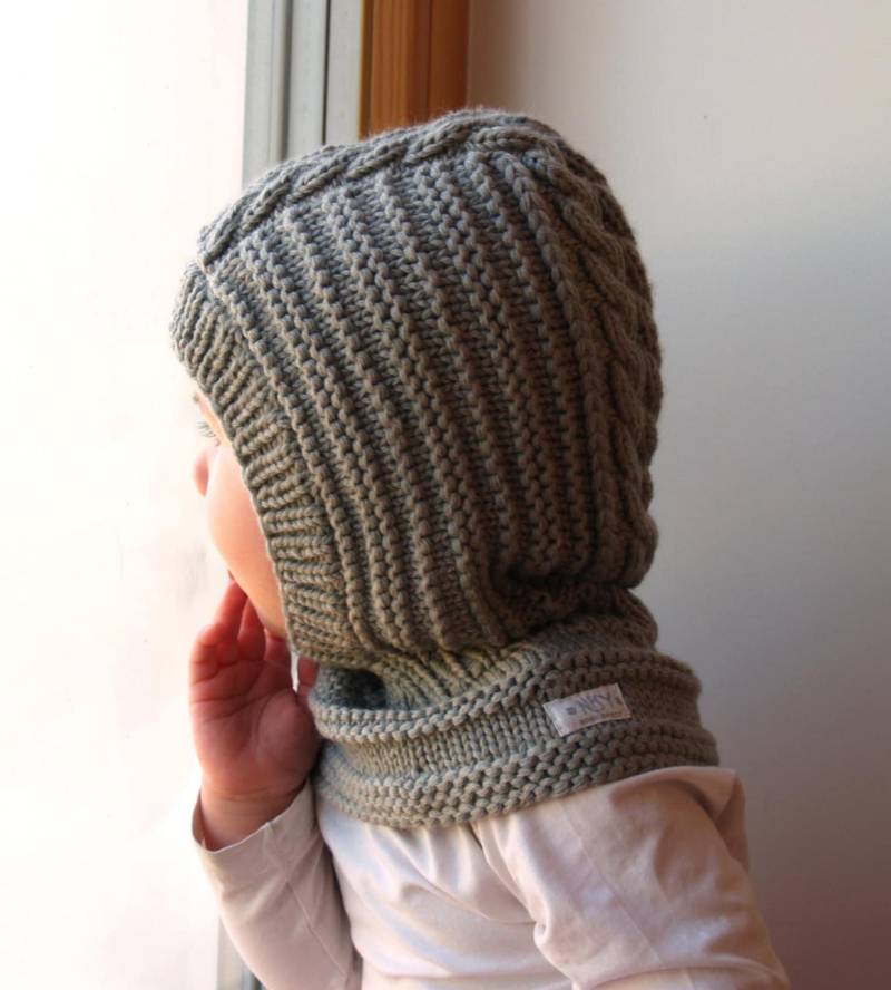 Merino Wolle Balaclava, Baby/ Kleinkind/ Kinder Mütze. Wintermütze in Oliv-Grau Mit Nackenwärmer von NesyBaby