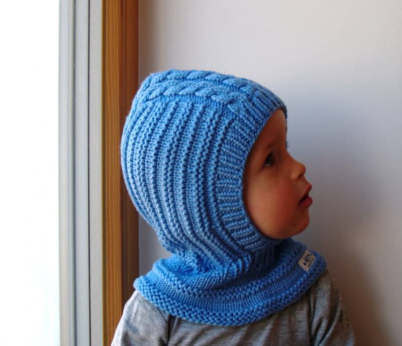 Merino Wolle Balaclava Mütze, Baby/Kleinkind Hoodie Hellblaue Mütze. Größen 6-12M/1-3-6-10 Jahre von NesyBaby