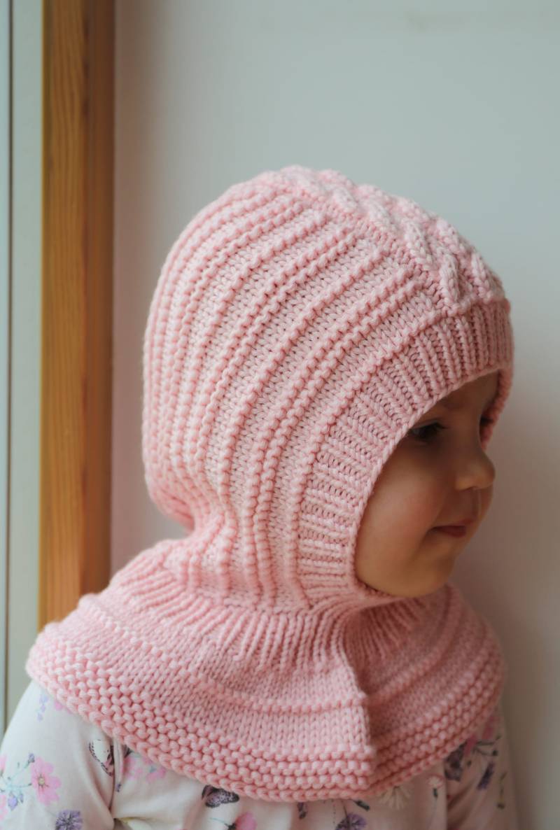 Merino Wolle Balaclava Mütze, Baby/Kleinkind Hoodie Hellrosa Mütze & Halswärmer. Größe 6-12M/1-3-6-10 Jahre von NesyBaby