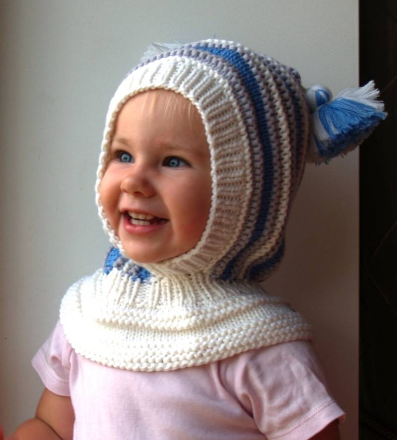Merino Wolle Weiß Blau Baby, Kinder Balaclava Mütze/ Hoodie Mütze Mit Pom Poms. Größe 6-12M/1-3-6-10 Jahre von NesyBaby