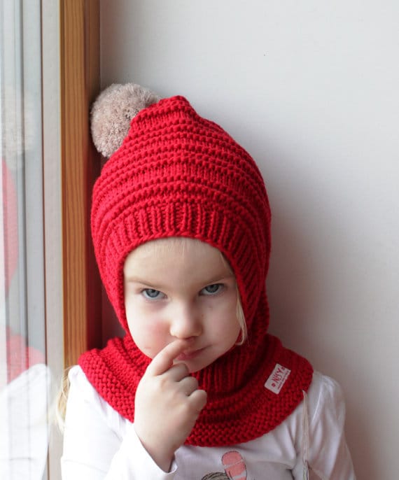 Rote Merino Pixie Balaclava Baby/ Kleinkind Mädchen Hoodie Mütze Mit Beige Pom Pom. Merinowolle. 6-12M, 1-3-6-10 Jahre von NesyBaby