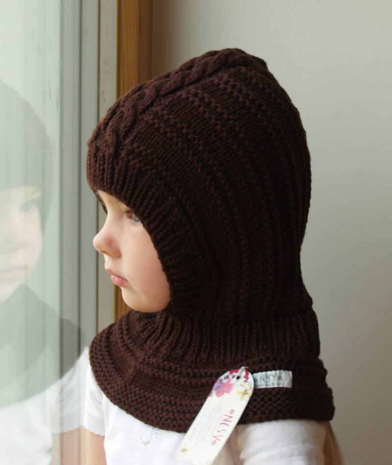 Schoko Dunkelbraun Merino Balaclava, Baby/Kleinkind/Kinder Kapuzenpullover & Halswärmer Im Kabelstrick. Größe 6-12M/1-3-6-10 Jahre von NesyBaby