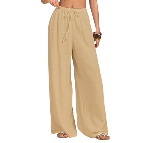 Neteson Leichte Hosen Damen Sommer Lang Leinenhose Damen Weite Leg Elegant Freizeithose Palazzo Hose Lockere Stoffhose mit Tunnelzug und Taschen von Neteson