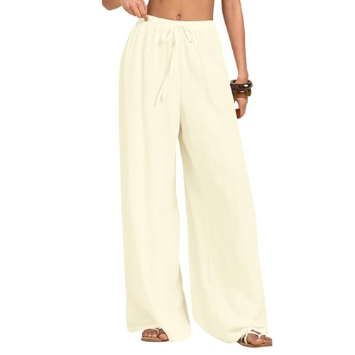 Neteson Leichte Hosen Damen Sommer Lang Leinenhose Damen Weite Leg Elegant Freizeithose Palazzo Hose Lockere Stoffhose mit Tunnelzug und Taschen von Neteson