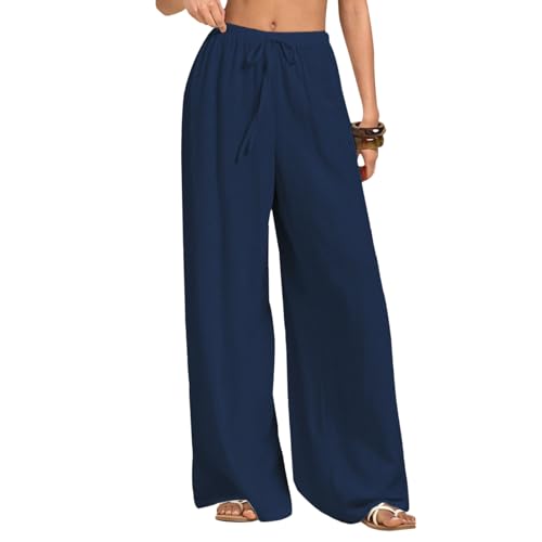 Neteson Leichte Hosen Damen Sommer Lang Leinenhose Damen Weite Leg Elegant Freizeithose Palazzo Hose Lockere Stoffhose mit Tunnelzug und Taschen von Neteson