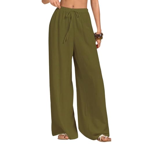 Neteson Leichte Hosen Damen Sommer Lang Leinenhose Damen Weite Leg Elegant Freizeithose Palazzo Hose Lockere Stoffhose mit Tunnelzug und Taschen von Neteson