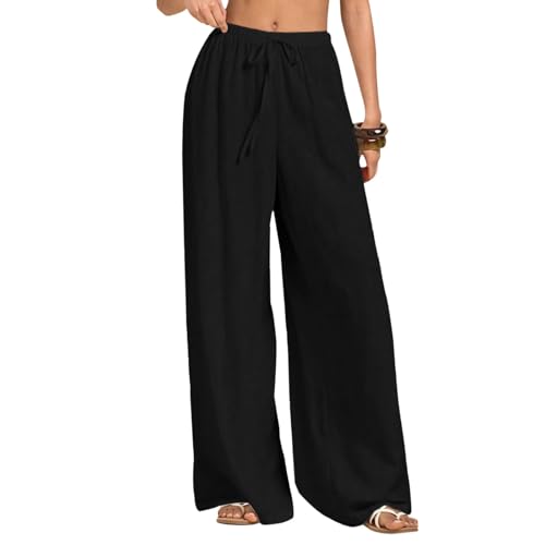 Neteson Leichte Hosen Damen Sommer Lang Leinenhose Damen Weite Leg Elegant Freizeithose Palazzo Hose Lockere Stoffhose mit Tunnelzug und Taschen von Neteson