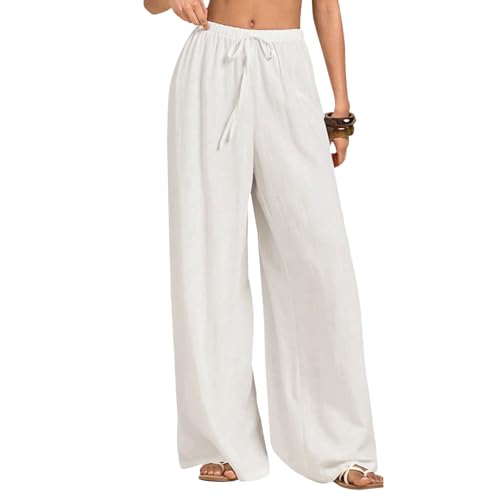 Neteson Leichte Hosen Damen Sommer Lang Leinenhose Damen Weite Leg Elegant Freizeithose Palazzo Hose Lockere Stoffhose mit Tunnelzug und Taschen von Neteson