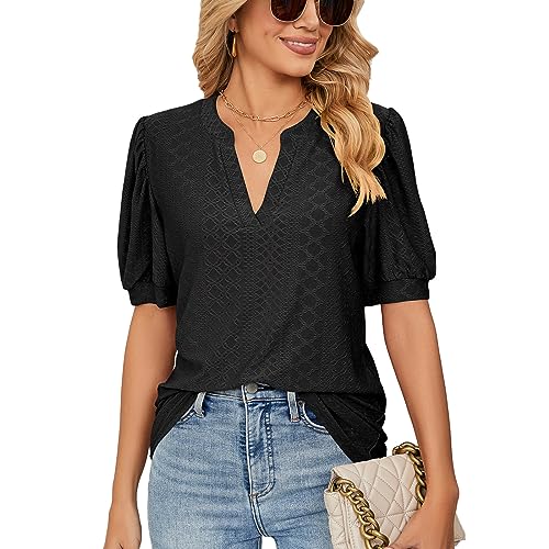 Neteson Musselin Bluse Damen Elegant V-Ausschnitt Oberteile Kurzarm Sommer Tuniken Blase Ärmel T-Shirt Tops Lockere Casual von Neteson