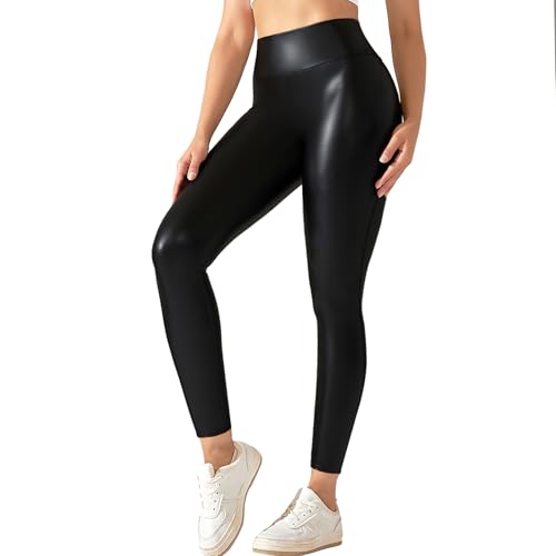 Neteson Damen Kunstleder Leggings Schwarz S High Waist Push Up Effekt und Hüftlifting von Neteson