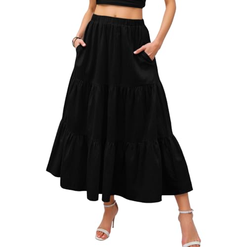 Neteson Rock Damen Lang Hohe Taille Skirt Sommer Maxirock A-Line Röcke Elegant Casual Elastische Freizeitrock mit Taschen Strandrock von Neteson
