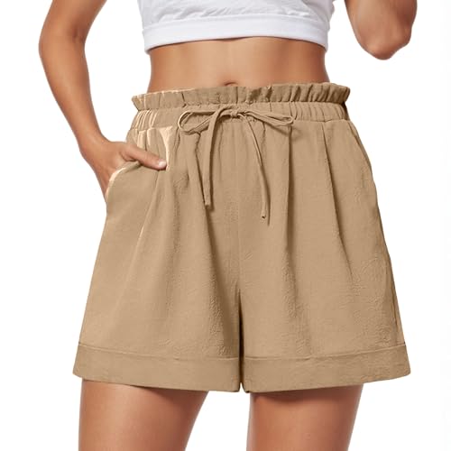 Neteson Shorts Damen Sommer Kurz Musselin Hose Shorts Beach Lässige Stoffhose Freizeit Mit Taschen Kordelzug Gerades Bein von Neteson