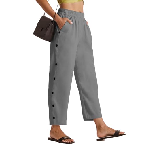 Neteson Sommerhose Damen Leicht und Luftig 7/8 Palazzo Hose Sommer Stoffhose Elegant Baumwolle Freizeithose Lockere Hosen Strandhose mit Tunnelzug und Taschen von Neteson