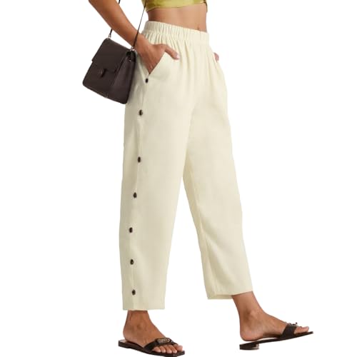 Neteson Sommerhose Damen Leicht und Luftig 7/8 Palazzo Hose Sommer Stoffhose Elegant Baumwolle Freizeithose Lockere Hosen Strandhose mit Tunnelzug und Taschen von Neteson