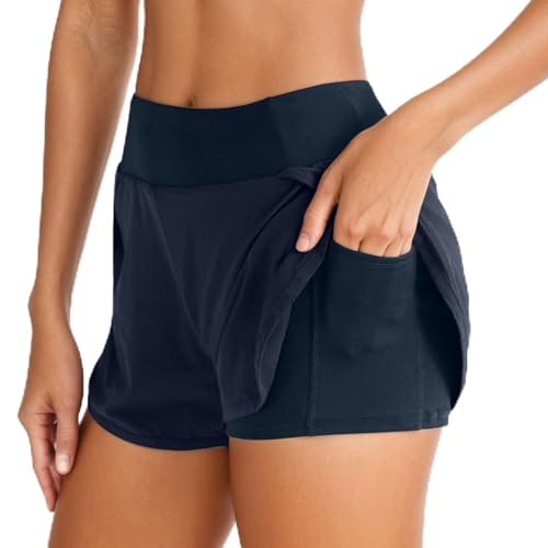Neteson Sporthose Damen Kurz 2 in 1 Sommer Sport Shorts mit Taschen Laufhose Kurze Hose High Waist Schnelltrocknende Laufshorts für Yoga Gym Fitness Jogging Training Running von Neteson