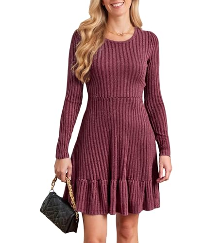 Neteson Strickkleid Damen Herbst Kleider Langarm Knielang Elegant Pulloverkleid Winterkleid Herbst Midikleid Rundhalsausschnitt A-Linie Freizeitkleid Rippenstrick Minikleid Einfarbig Casual von Neteson