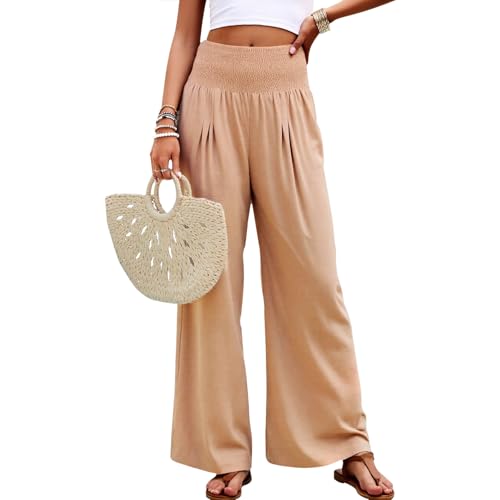 Neteson Weite Sommerhosen Damen Elegante mit Elastischem Bund Stoffhose Leicht und Luftig Freizeithose Weite Leg Palazzo Hose Causal Business von Neteson