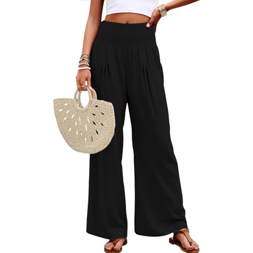 Neteson Weite Sommerhosen Damen Elegante mit Elastischem Bund Stoffhose Leicht und Luftig Freizeithose Weite Leg Palazzo Hose Causal Business von Neteson