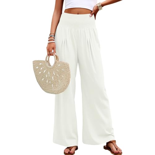 Neteson Weite Sommerhosen Damen Elegante mit Elastischem Bund Stoffhose Leicht und Luftig Freizeithose Weite Leg Palazzo Hose Causal Business von Neteson