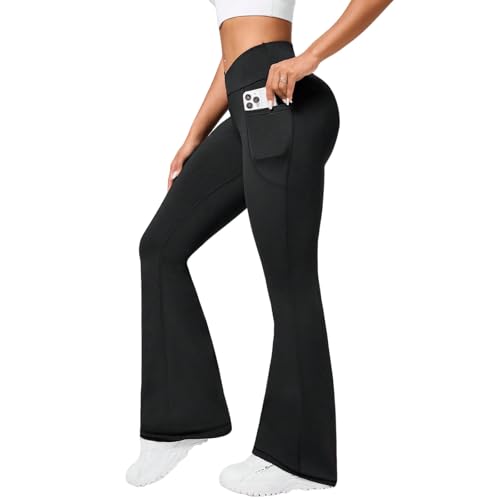 Neteson Yogahose Damen Flared Leggings Schlaghose Bootcut High Waist Yoga Hose Weites Bein V-Taille mit Taschen Blickdicht Leggins Bootleg Sporthose Jogginghose Laufhose Jazzpants von Neteson