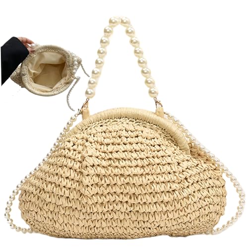 NethCasti Strohhalm Wolkenknödelknödelbeutel elegante gewebte Geldbörse mit Perlengriff und Schultergurthandtaschen -Crossbody -Taschen für weibliche Sommerstrand Reise Dating Beigenestraw von NethCasti