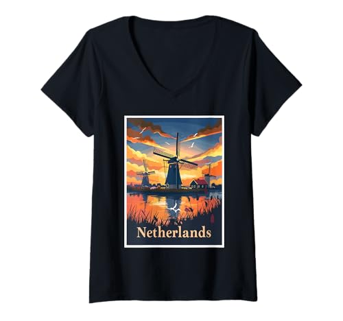 Damen Niederlande Windmühlen bei Sonnenuntergang T-Shirt mit V-Ausschnitt Damen Niederlande Windmühlen bei Sonnenuntergang T-Shirt mit V-Ausschnitt von Netherlands Scenic Landscape Art