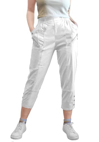 Neti Damen Caprihose 7/8 Sommerhose leichte Freizeithose Stoffhose mit Gummizug Viskose Reißverschlusstaschen viele Farben Übergröße 42-56 (DE/NL/SE/PL, Numerisch, 44, Regular, Regular, Weiß) von Neti