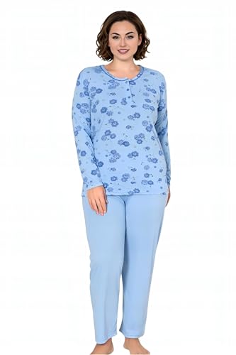 Neti Damen Schlafanzug Langer Pyjama Nachtanzug 100% Baumwolle M-2XL (DE/NL/SE/PL, Alphanumerisch, 4XL, Große Größen, Regular, K12056 Blau) von Neti