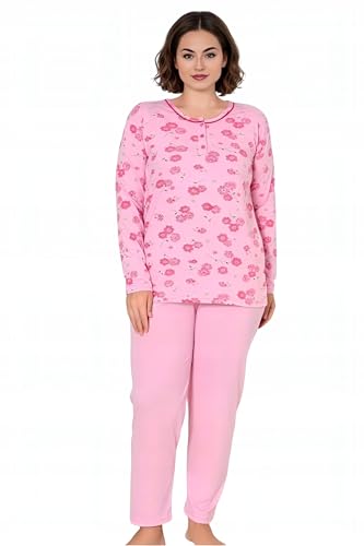 Neti Damen Schlafanzug Langer Pyjama Nachtanzug 100% Baumwolle M-2XL (DE/NL/SE/PL, Alphanumerisch, 4XL, Große Größen, Regular, K12056 Rosa) von Neti