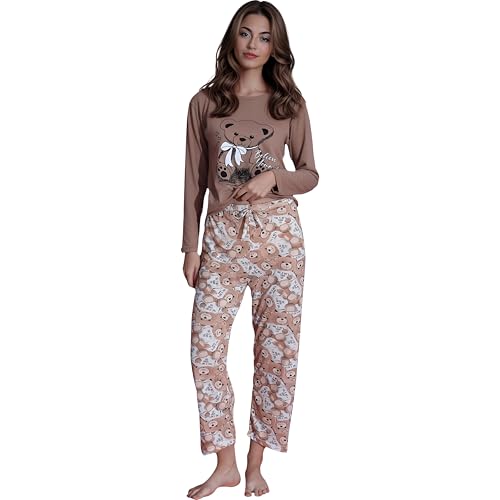 Neti Damen Schlafanzug Langer Pyjama Nachtanzug 100% Baumwolle Übergröße viele Muster M-4XL (DE/NL/SE/PL, Alphanumerisch, L, Regular, Regular, PD00092) von Neti