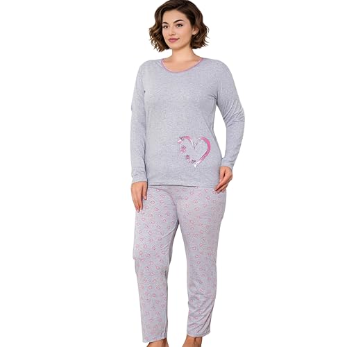 Neti Damen Schlafanzug Langer Pyjama Nachtanzug 100% Baumwolle Übergröße viele Muster M-4XL (DE/NL/SE/PL, Alphanumerisch, 3XL, Große Größen, Regular, K2041) von Neti