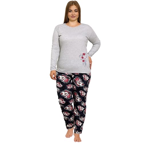 Neti Damen Schlafanzug Langer Pyjama Nachtanzug 100% Baumwolle Übergröße viele Muster M-4XL (DE/NL/SE/PL, Alphanumerisch, XL, Regular, Regular, K12026 Grau) von Neti