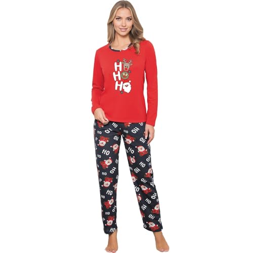 Neti Damen Schlafanzug Weihnachten Langer Pyjama Nachtanzug 100% Baumwolle M-2XL (DE/NL/SE/PL, Alphanumerisch, XXL, Regular, Regular, 4009 Rot) von Neti