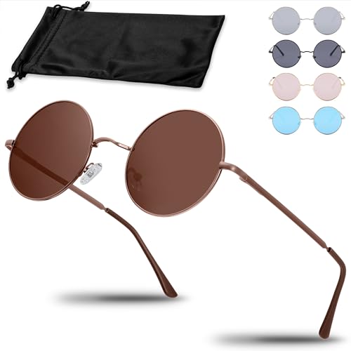Netrox® Runde Sonnenbrille im Retro-Stil mit Metallrahmen + Etui und Microfaserbeutel - UV400-Schutz - Vintage Unisex Herren und Damen - Sonnenbrillen, Gläser verspiegelt, Sunglasses, rund, braun von Netrox