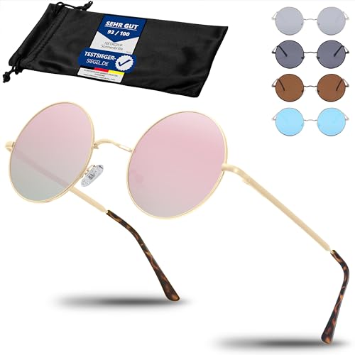 Netrox® Runde Sonnenbrille im Retro-Stil | UV400-Schutz Linsen | Unisex Brille inkl. Etui und Microfaserbeutel | Vintage 70er Metallrahmen mit verspiegeltem Glas - rosa von Netrox